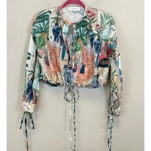 ISLA & WHITE Cropped cotton linen printed top Medium